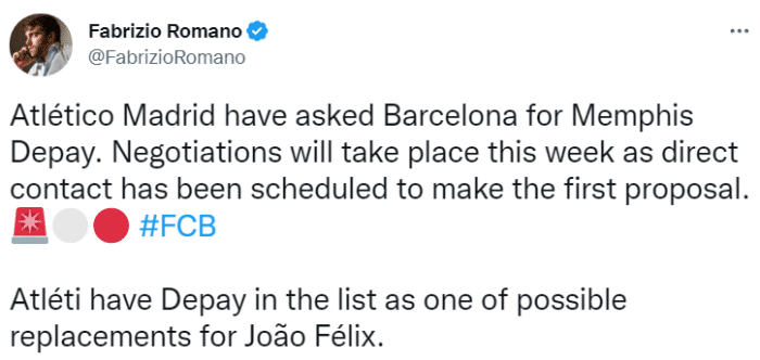 罗马诺：马竞已经向巴萨求购德佩以替代菲利克斯