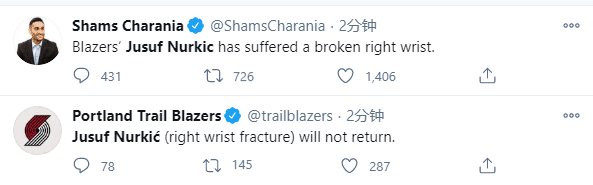 官宣！开拓者惨遭重创，主力中锋手腕骨折导致伤退，伤情不乐观