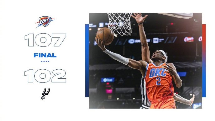 雷霆107-102击败马刺 亚历山大33+8 德罗赞20+6