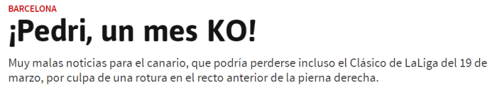 阿斯报：佩德里预计将伤缺1个月