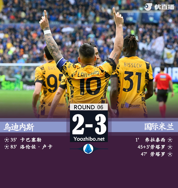 国米3-2客胜乌迪内斯终结2轮不胜 劳塔罗梅开二度破进球荒