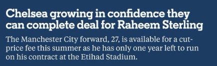 天空：切尔西有信心签下斯特林，曼城要价六千万镑