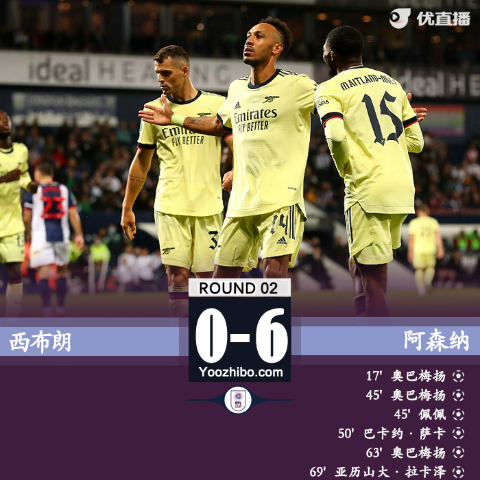 阿森纳6-0西布朗 奥巴梅扬戴帽佩佩传射拉卡破门