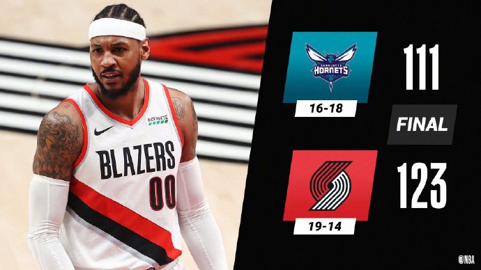 开拓者123-111击败了黄蜂 安东尼29分&5断 三球30+6+8