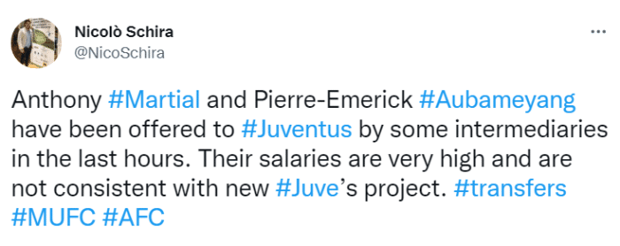 斯基拉：马夏尔和奥巴梅扬被推荐给了尤文