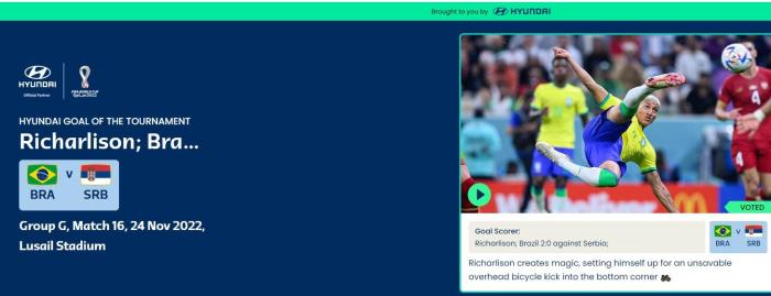 确实精彩！理查利森侧钩破门当选世界杯最佳进球