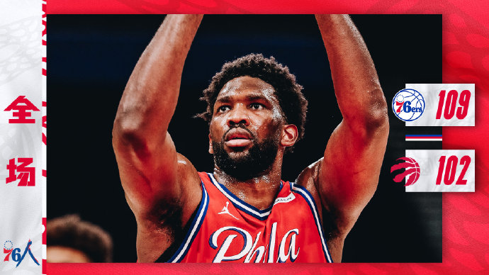 76人109-102战胜猛龙 恩比德18+12 哈里斯23+7+5 西亚卡姆22+6+7