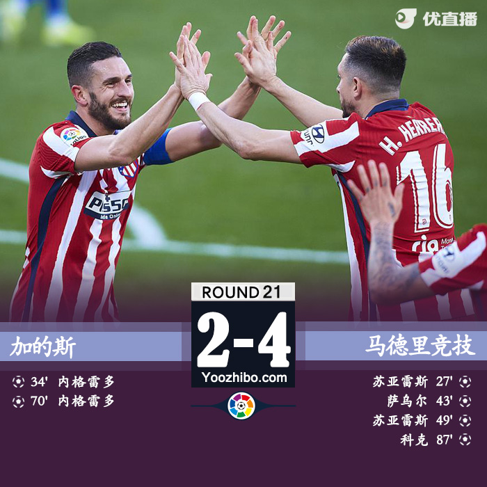 马竞4-2加的斯 苏神任意球破门+双响萨乌尔建功