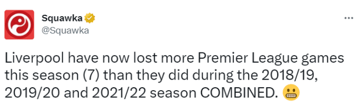 利物浦本赛季联赛已输7场，超过之前3个赛季总和