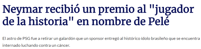 Tyc：内马尔代贝利领取“历史最佳球员”奖杯