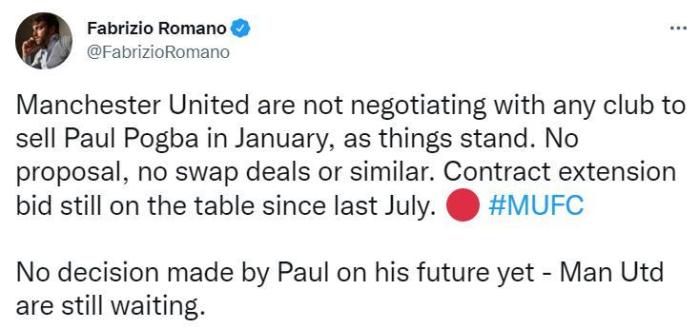 冬窗出售博格巴？罗马诺：曼联未与任何球队接触