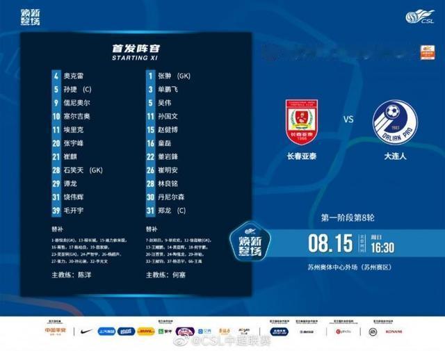 长春亚泰vs大连人首发：四外援PK单外援