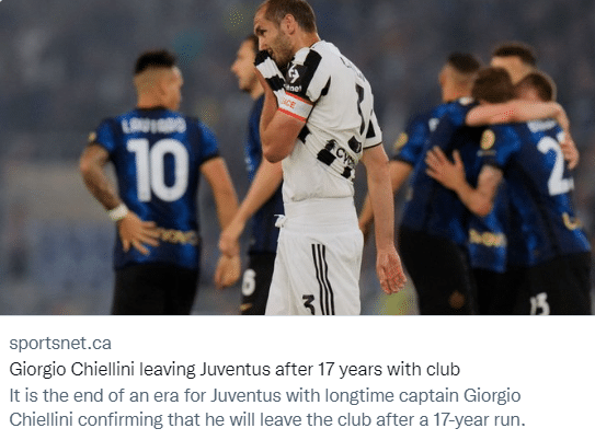 基耶利尼：本赛季结束后我将离开尤文图斯