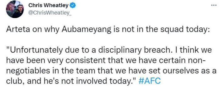 阿尔特塔：奥巴梅扬由于纪律问题落选大名单