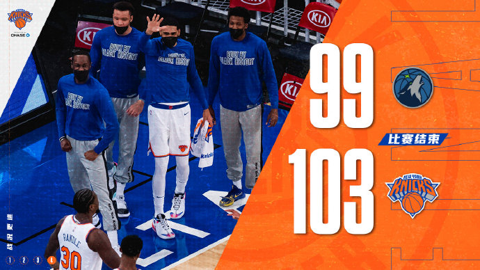 尼克斯103-99险胜森林狼 兰德尔25+12 巴雷特21分 唐斯27+15