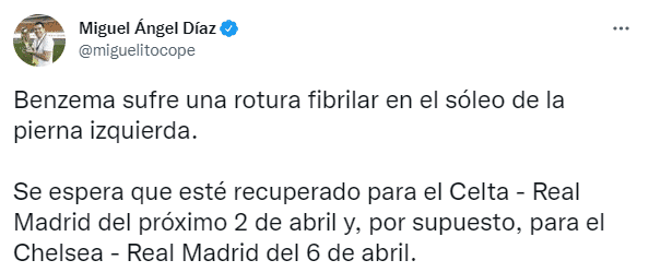 本泽马比目鱼肌撕裂，可能复出战切尔西