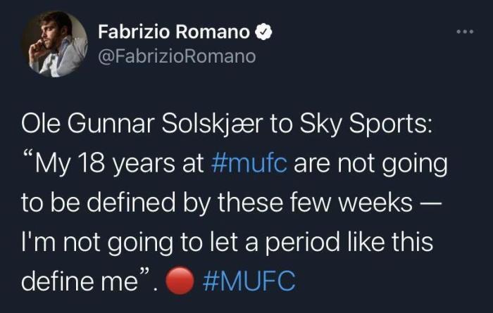 索尔斯克亚：我的18年曼联时光不会被这几周定义