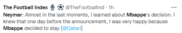 内马尔：我在姆巴佩官宣前一天知道他留下，很开心