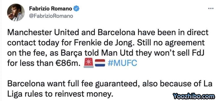 硬气！巴萨要曼联全额支付德容8600万欧转会费