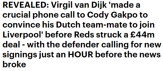 邮报：范迪克的电话让加克波下定决心加盟利物浦