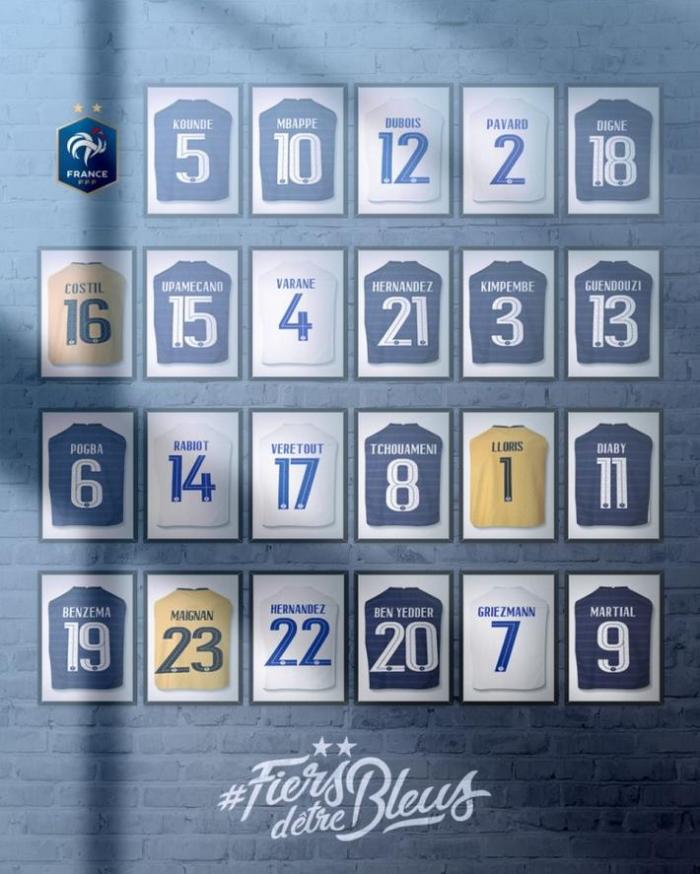 法国国家队号码公布：格子7号，马夏尔穿9号