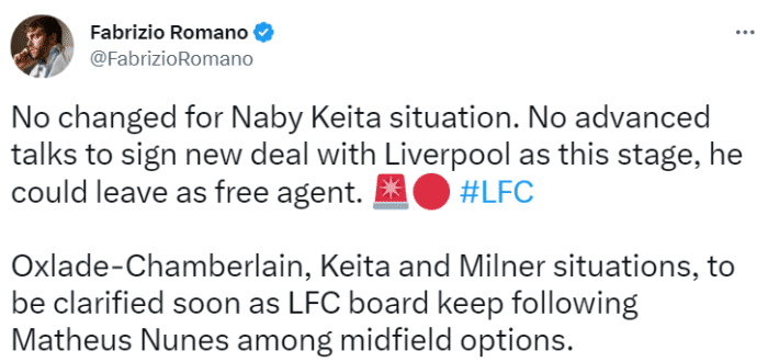 罗马诺：凯塔可能自由离队，利物浦关注狼队努内斯