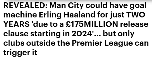 哈兰德2亿欧违约金后年生效，只对非英超队有效