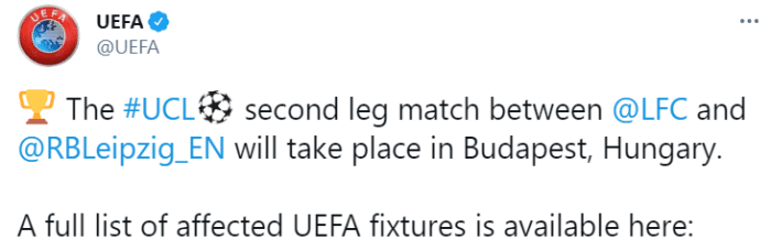 官方: 利物浦与莱比锡次回合比赛仍在中立场地进行