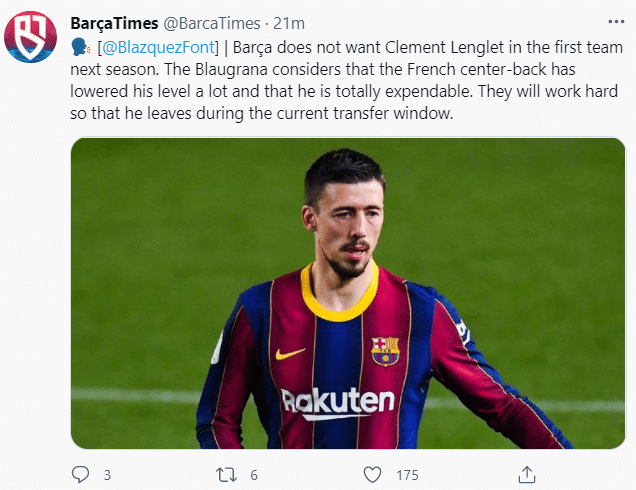 记者：巴萨不希望朗格莱留队，认为他水平已下滑