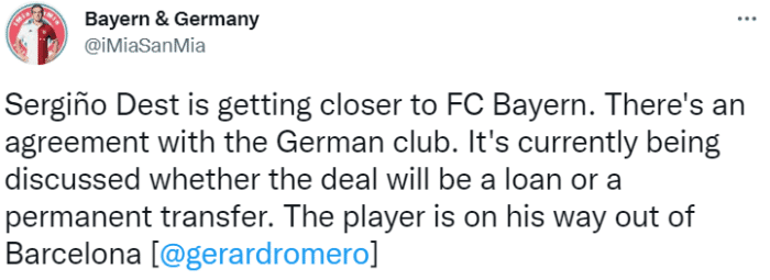 跟队记者：德斯特接近加盟拜仁