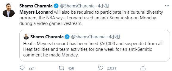 侮辱犹太裔的下场！热火伦纳德被罚款5万+禁赛1周，萧华：不可原谅！