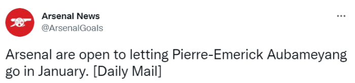 邮报：阿森纳想在明年1月就送走奥巴梅扬