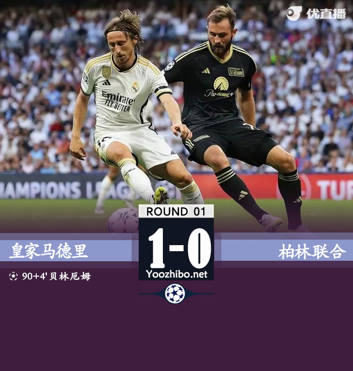 皇马1-0柏林联 贝林厄姆第94分钟绝杀