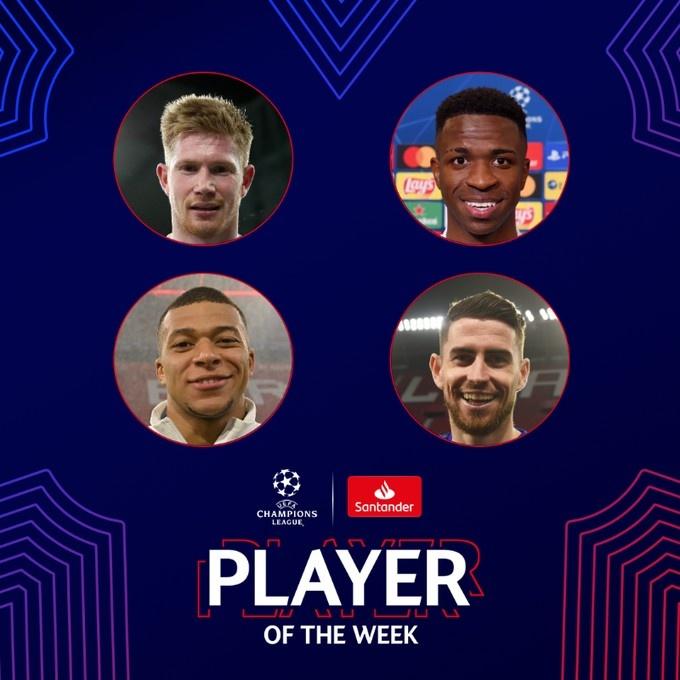 欧冠周最佳球员候选: 德布劳内、姆巴佩领衔