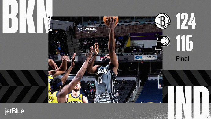 篮网124-115战胜步行者 哈登40+10+15 小萨18+11+11