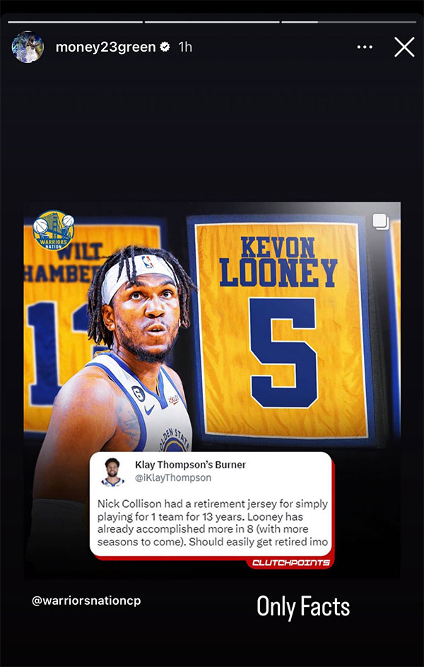 追梦希望勇士退役卢尼球衣：后者八年助勇士夺三冠 早已成球星守护神