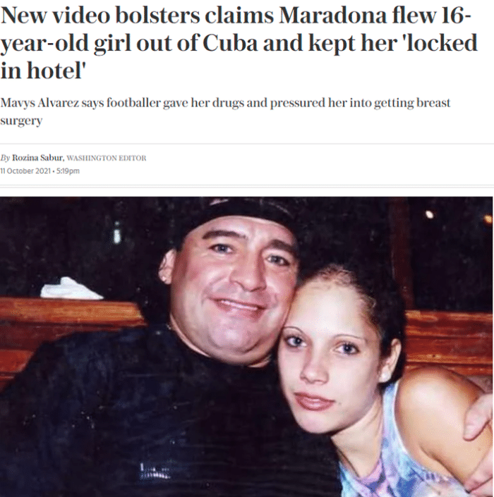 电讯报：马拉多纳曾软禁16岁少女并向她提供毒品