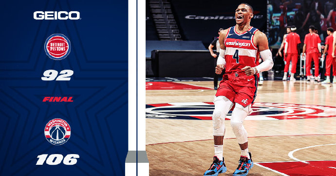 奇才106-89战胜活塞 威少19+19+10 比尔伤退17+6