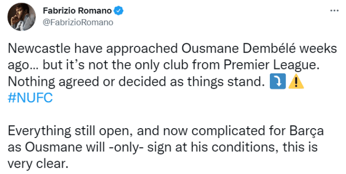 罗马诺：英超不只纽卡有意签下登贝莱