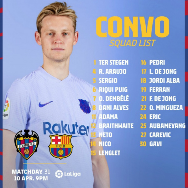 巴萨vs莱万特大名单一览：奥巴梅扬、登贝莱领衔！