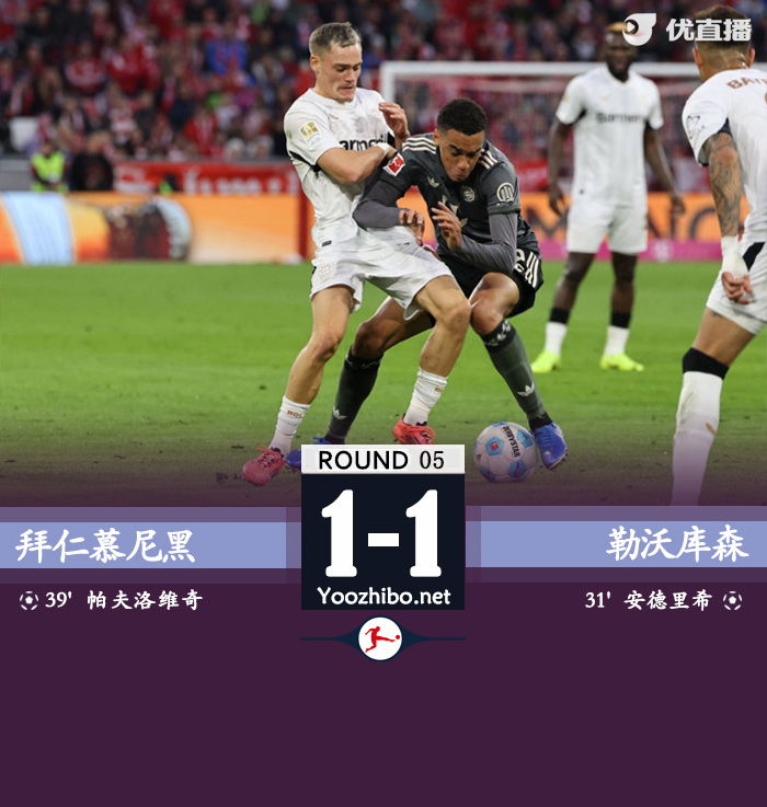 拜仁1-1药厂五轮不败继续领跑 帕夫洛维奇神仙球破门凯恩伤退