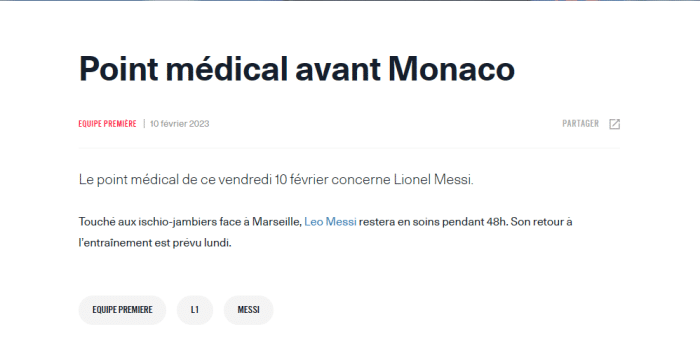 巴黎官方：梅西腿筋受伤将缺战摩纳哥