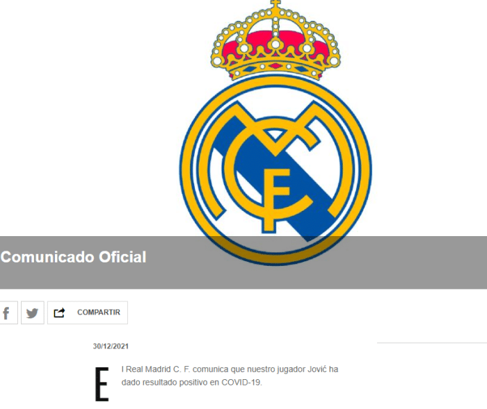 皇马官方：约维奇新冠阳性，球员已第二次感染