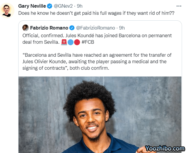 内维尔：等巴萨想赶走孔德时，他能否拿到全额工资