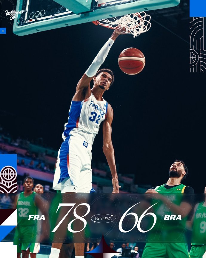 法国78-66轻取巴西 文班19+9+4断+3帽统治攻防 巴图姆19+5