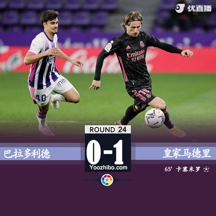 皇家马德里1-0巴拉多利德 卡塞米罗头球制胜
