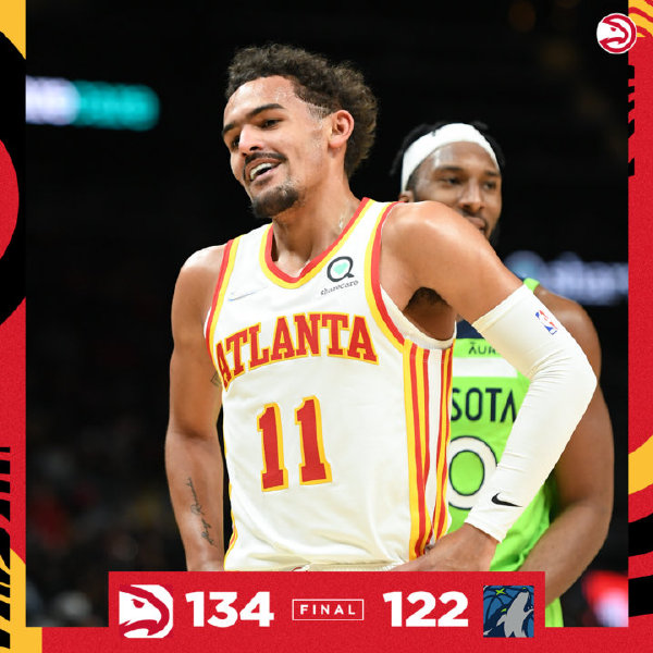 老鹰134-122逆转森林狼 特雷杨37+14 拉塞尔31分 唐斯17+10+7