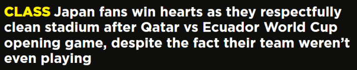 日本球迷揭幕战后留下来清理球场，卡塔尔球迷震惊