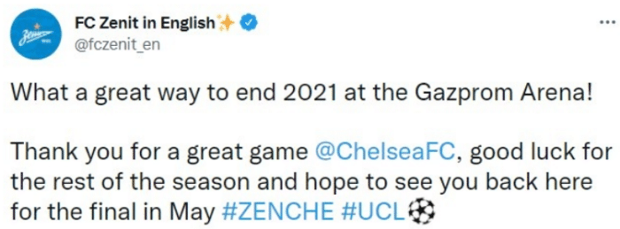 泽尼特官推：祝切尔西打进决赛；不客气尤文