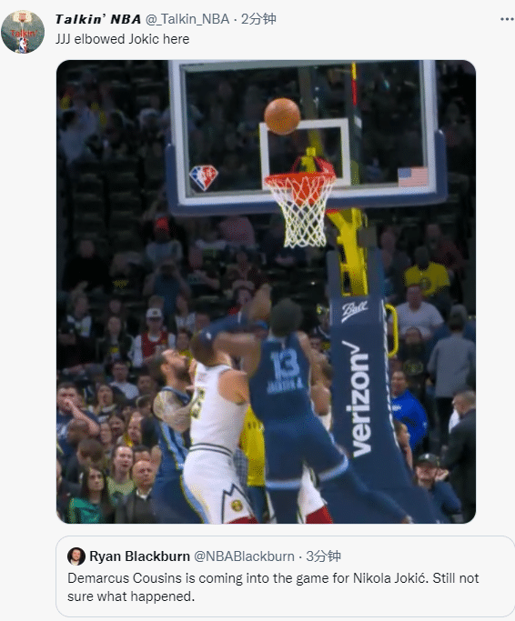 意外！约基奇头部惨遭肘击血流不止，止血治疗后戴红色发带出战